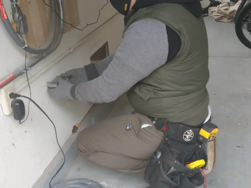 Electrician performing outlet wiring in a Maltby garage